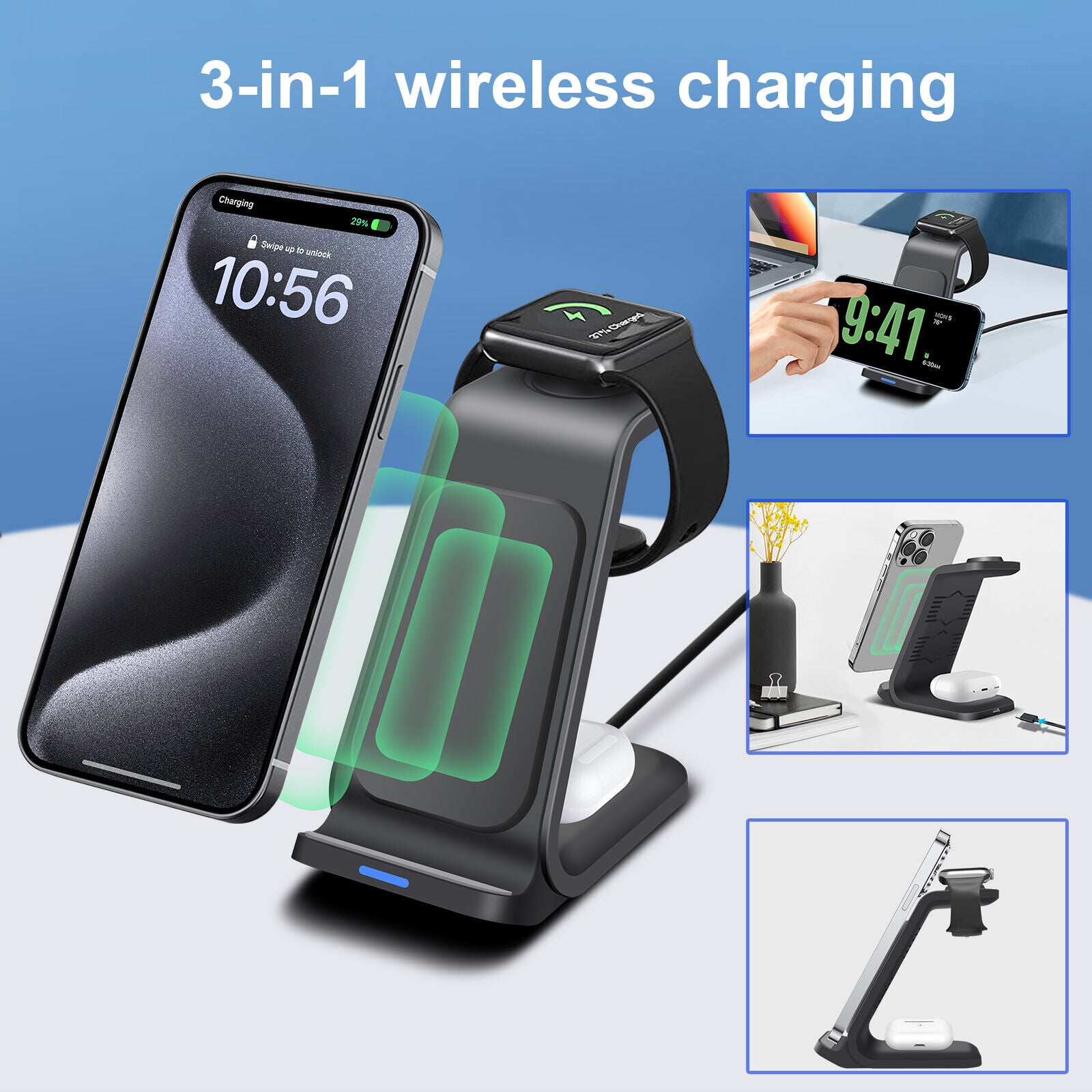 Wireless Charger Dock Charging Station 3In1 For Apple Watch Iphone 15 14 13 12 X