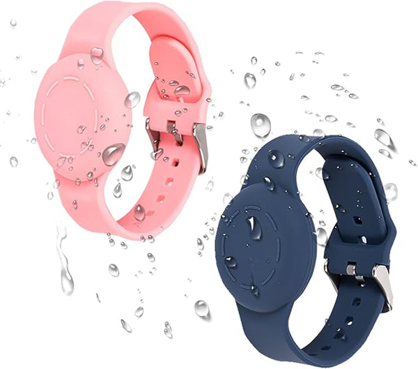 2 Pack Adjustable Silicone Air Tag Bracelets for Kids, Waterproof Lightweight Hidden Wristbands GPS Tracker Holders, Compatible with Apple AirTag Watch Band for Child (Pink & Blue)
