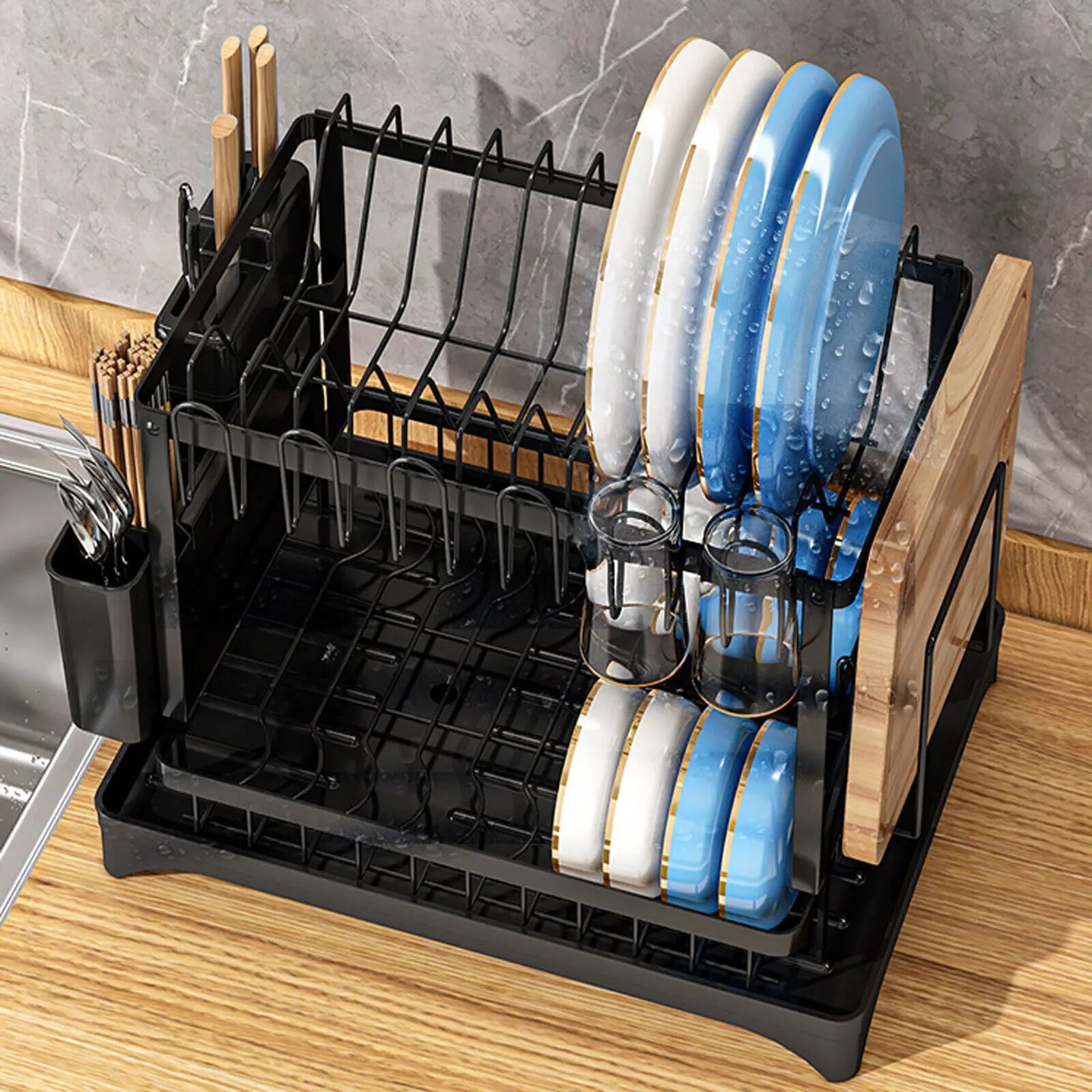 2 Tier Kitchen Dish Rack Plate Cup Drying Drainer Drip Tray Cutlery Holder Home