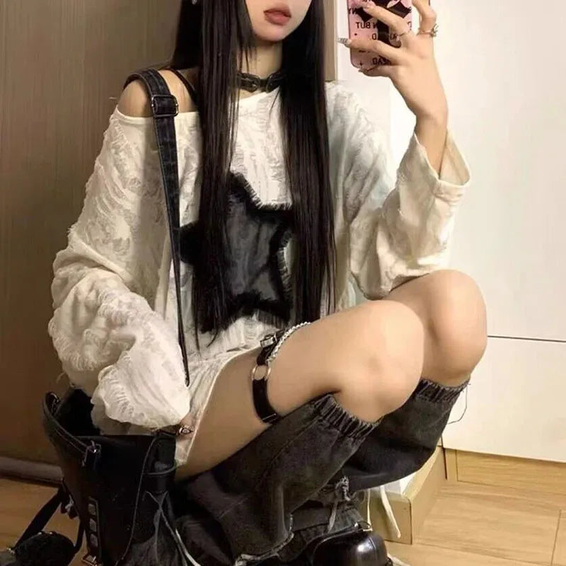 Y2K Hole Star Print T-Shirt Women Fashion