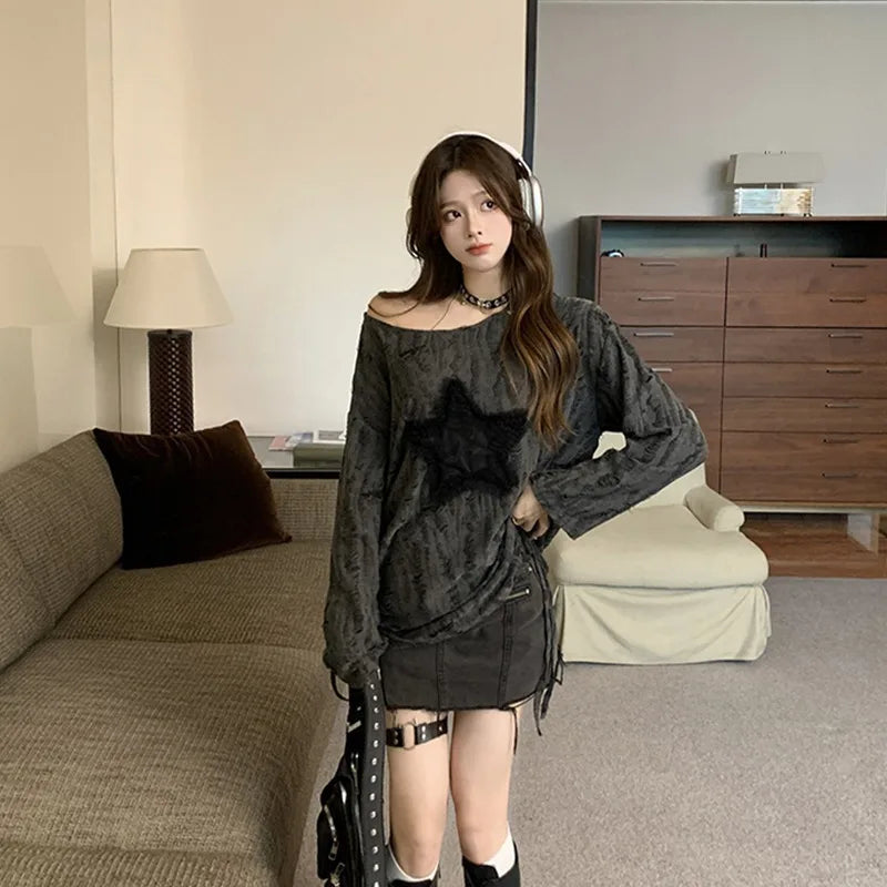 Harajuku Tshirts Fashion Tops Star Hollow Out Long Sleeve T Shirt