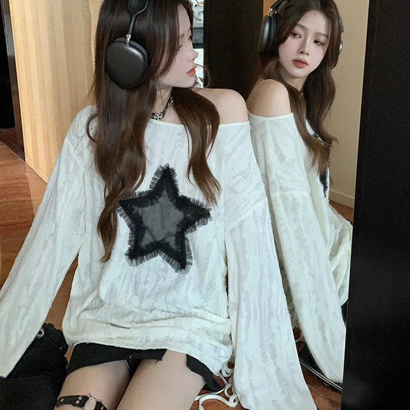Harajuku Tshirts Fashion Tops Star Hollow Out Long Sleeve T Shirt