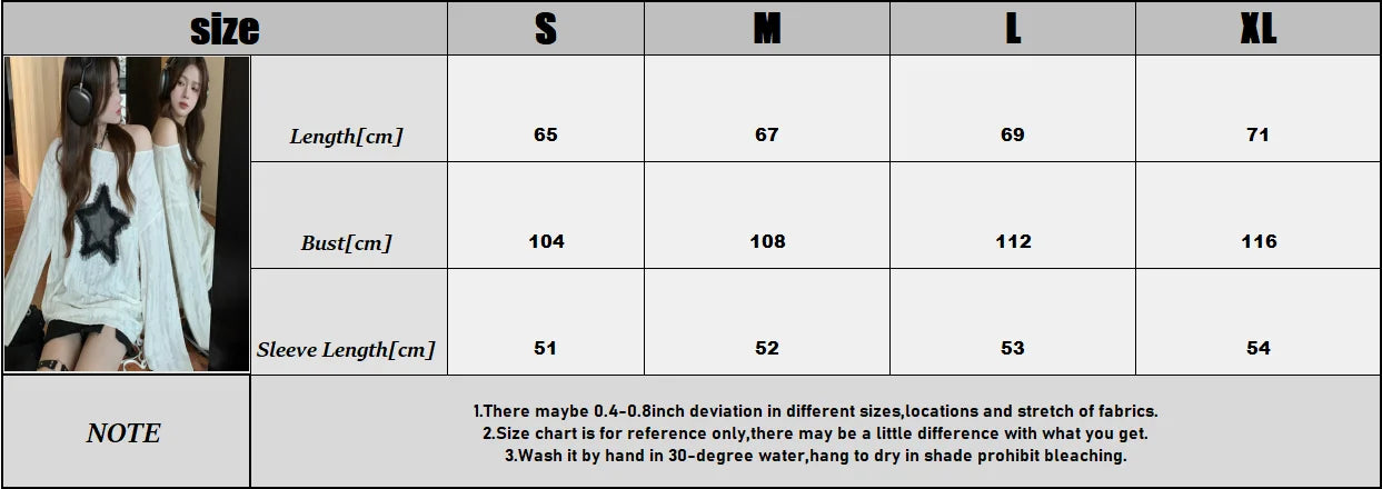 Harajuku Tshirts Fashion Tops Star Hollow Out Long Sleeve T Shirt