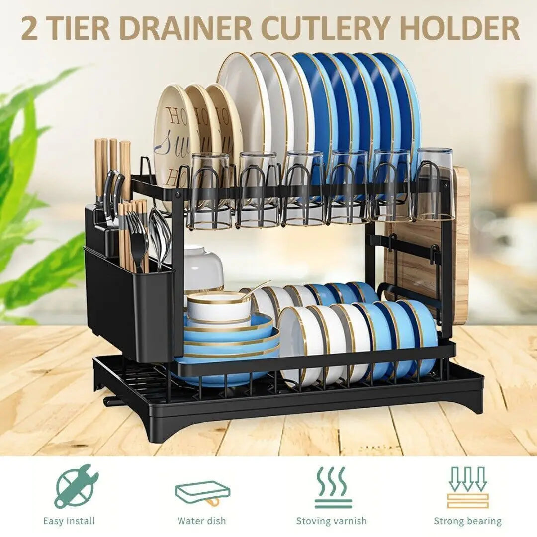 2 Tier Kitchen Dish Rack Plate Cup Drying Drainer Drip Tray Cutlery Holder Home