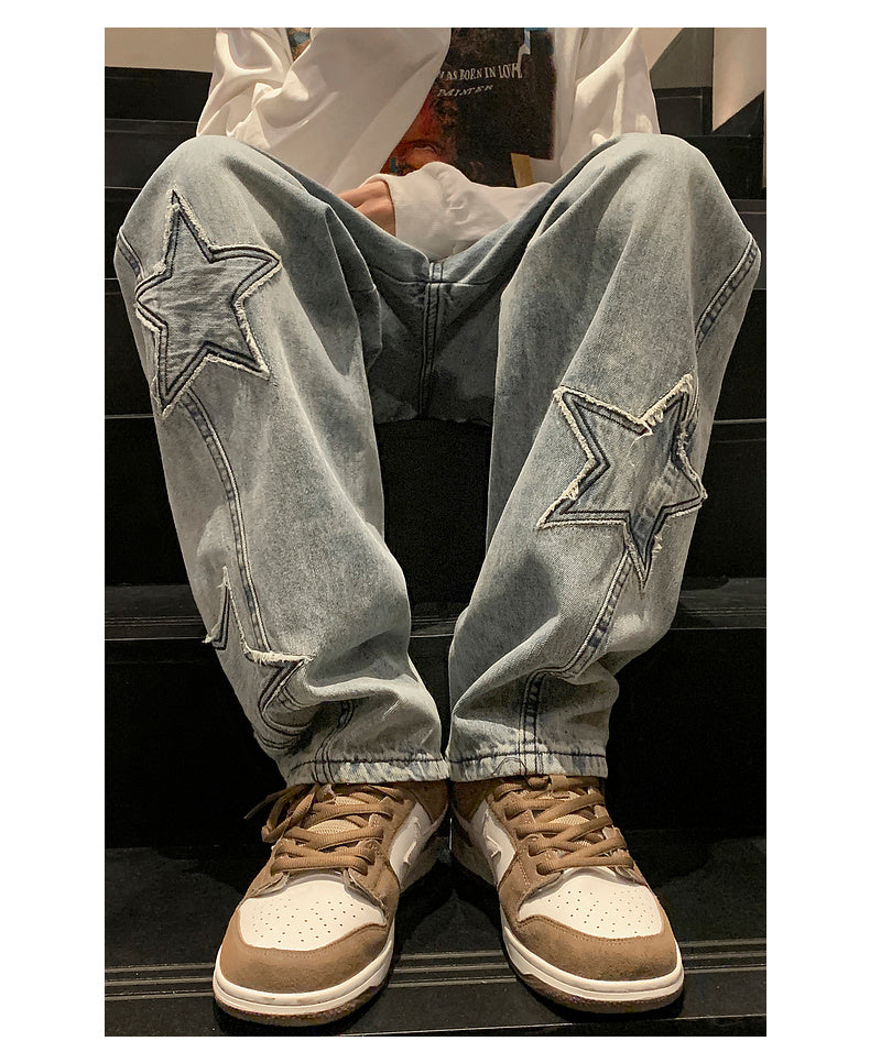 Star Embroidery Straight Casual Men Jeans