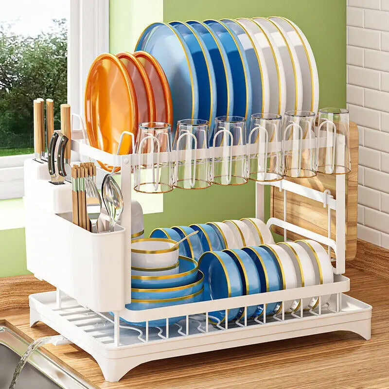 2 Tier Kitchen Dish Rack Plate Cup Drying Drainer Drip Tray Cutlery Holder Home