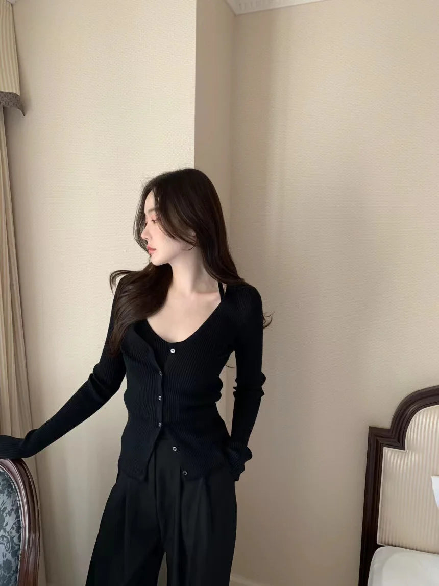 Chic V-Neck Knitted Open Cardigan Top Women's