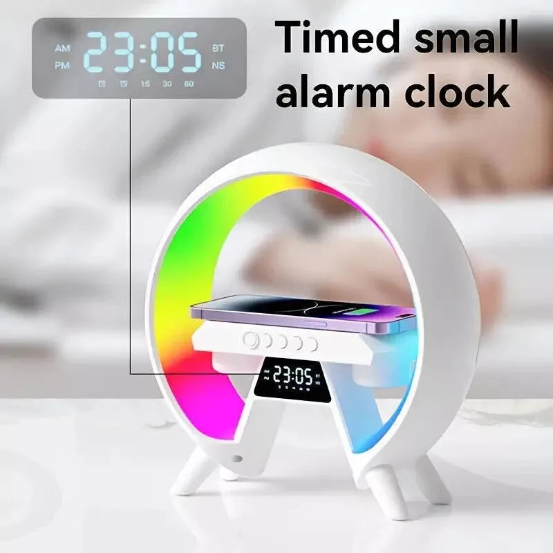LED Smart G Lamp Wireless Charger Bluetooth Speaker RGB Alarm Clock Night Light