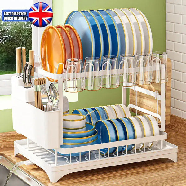 2 Tier Kitchen Dish Rack Plate Cup Drying Drainer Drip Tray Cutlery Holder Home