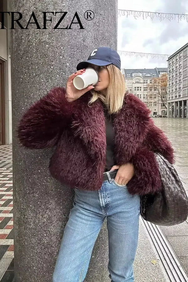 TRAFZA Women Fashion Faux Fur Jacket