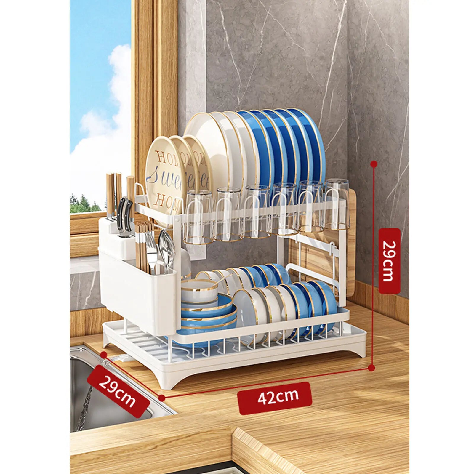 2 Tier Kitchen Dish Rack Plate Cup Drying Drainer Drip Tray Cutlery Holder Home