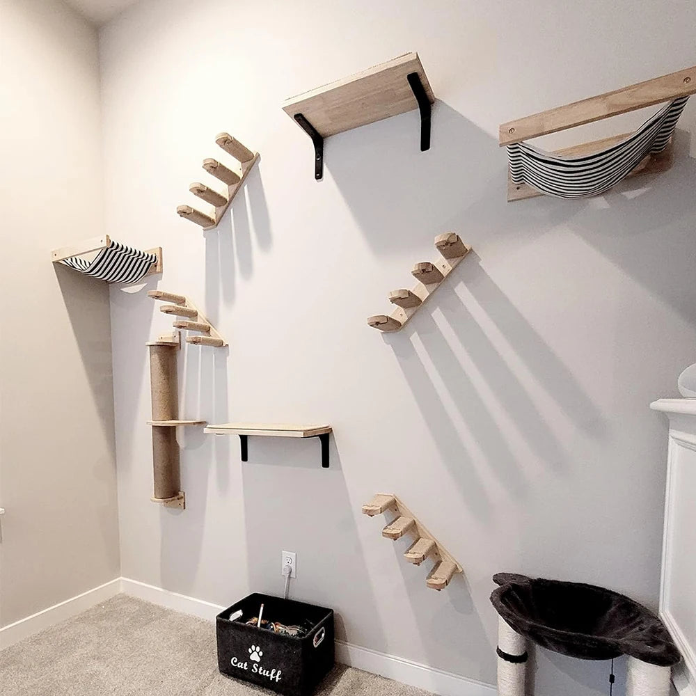 Wall-mounted Cat Hanging  Bed Cat Climbing Ladder Grab Post Solid Wood