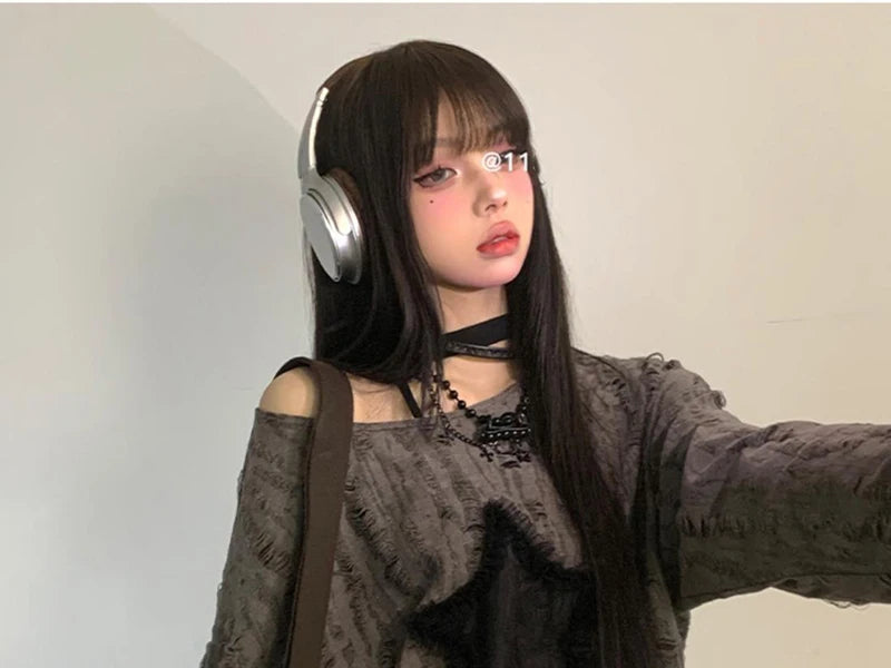 Y2K Hole Star Print T-Shirt Women Fashion