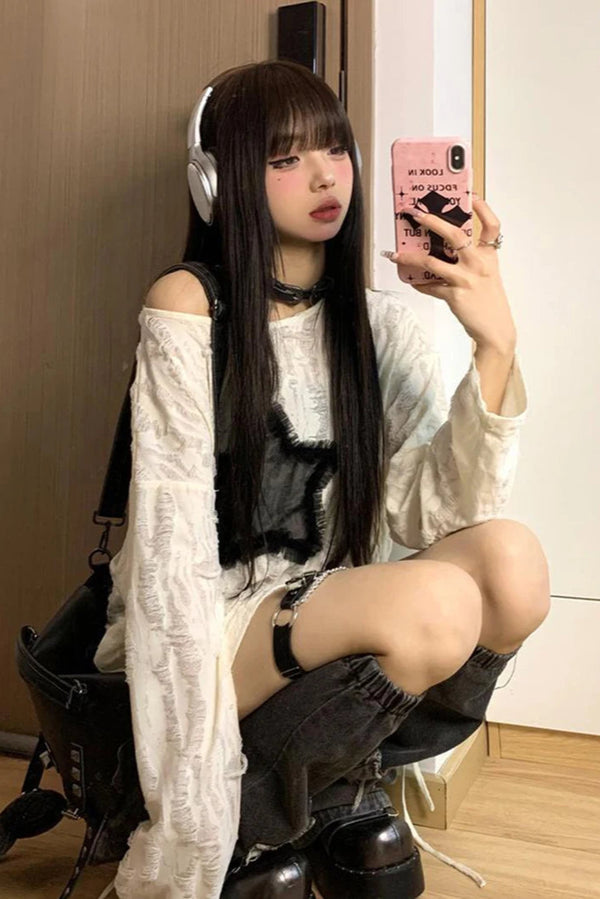 Y2K Hole Star Print T-Shirt Women Fashion