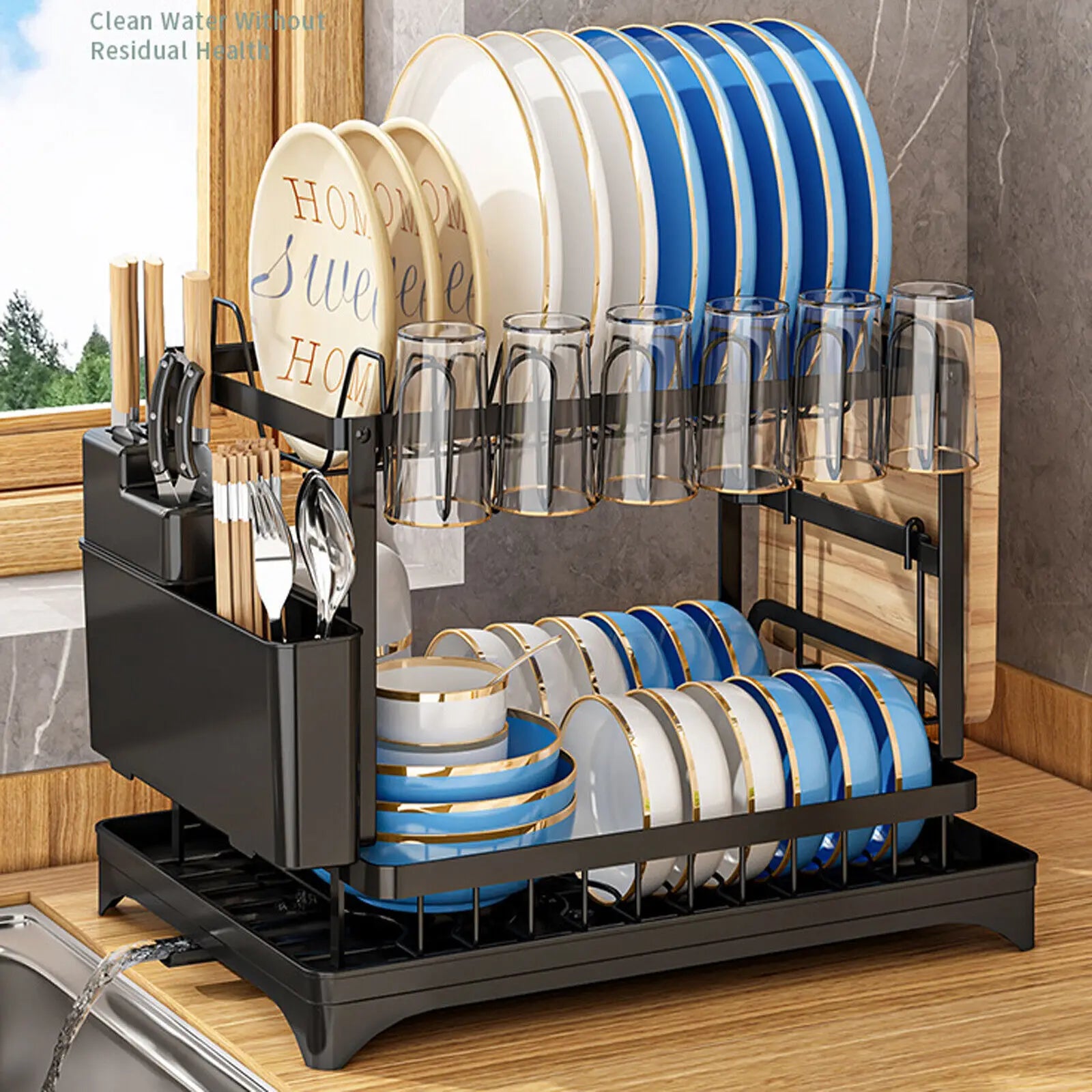 2 Tier Kitchen Dish Rack Plate Cup Drying Drainer Drip Tray Cutlery Holder Home