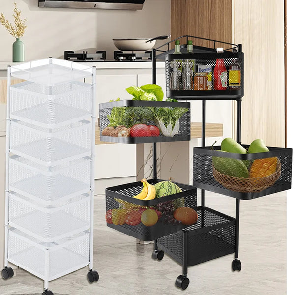 Kitchen Organizer Multi-Layer Rotatable Storage Rack Vegetable Basket Removable Household Rolling Storage Cart Trolley