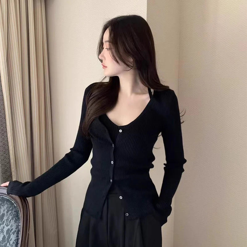 Chic V-Neck Knitted Open Cardigan Top Women's