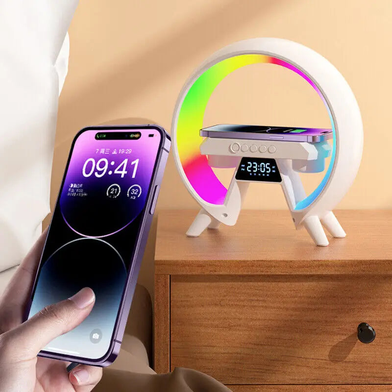 LED Smart G Lamp Wireless Charger Bluetooth Speaker RGB Alarm Clock Night Light