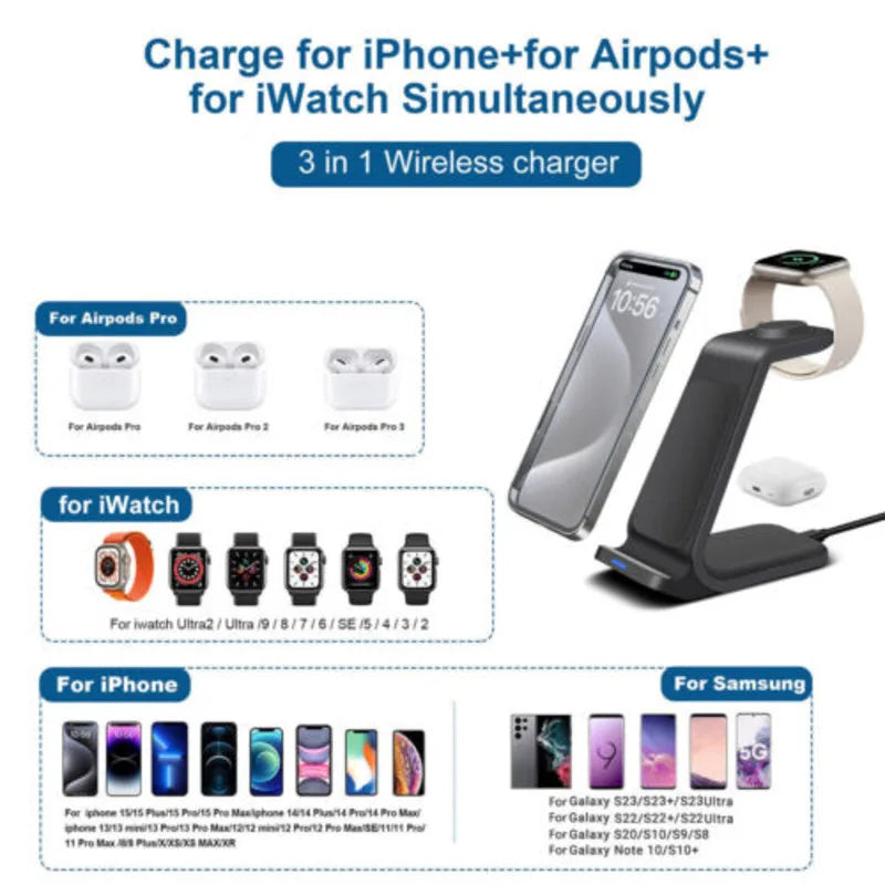 Wireless Charger Dock Charging Station 3In1 For Apple Watch Iphone 15 14 13 12 X