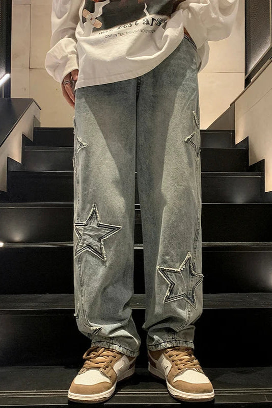 Star Embroidery Straight Casual Men Jeans