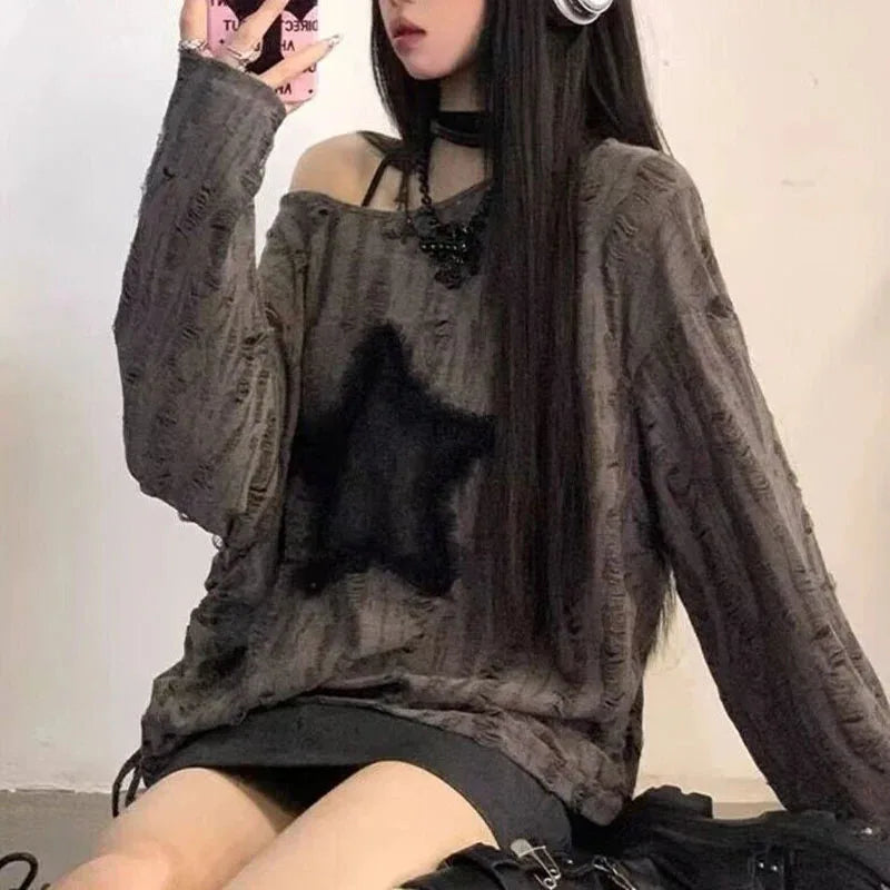 Y2K Hole Star Print T-Shirt Women Fashion