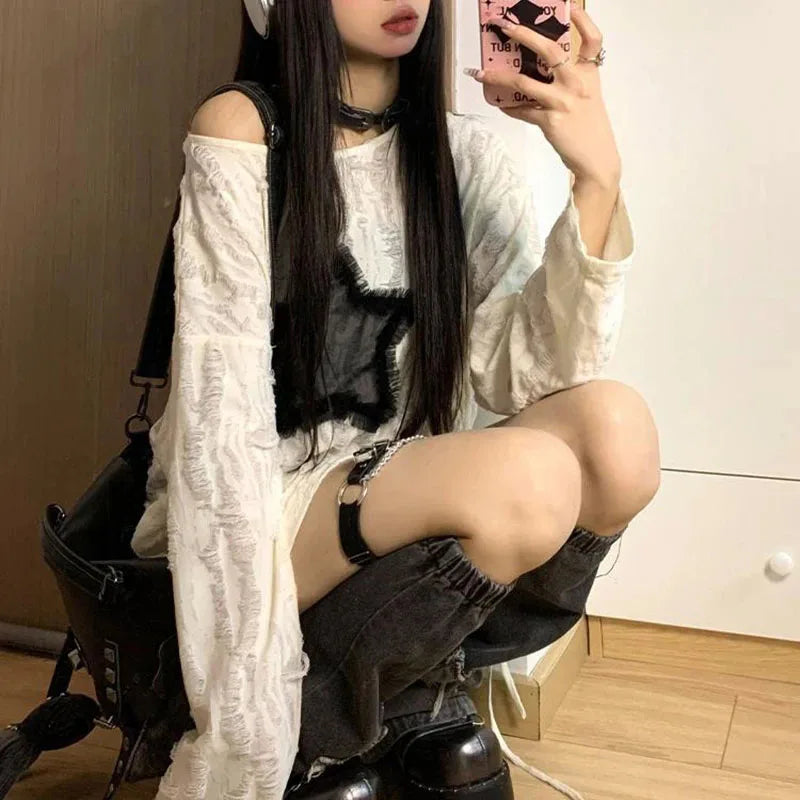 Y2K Hole Star Print T-Shirt Women Fashion