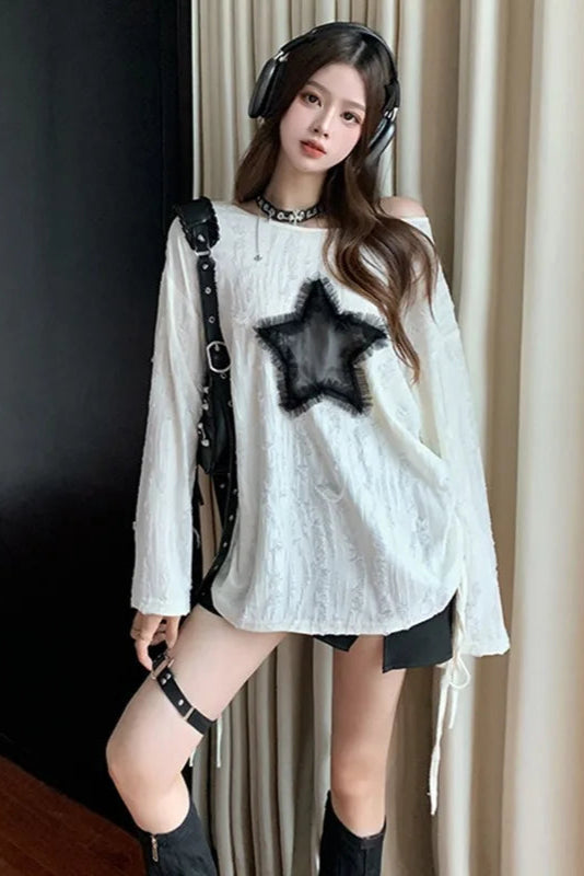 Harajuku Tshirts Fashion Tops Star Hollow Out Long Sleeve T Shirt