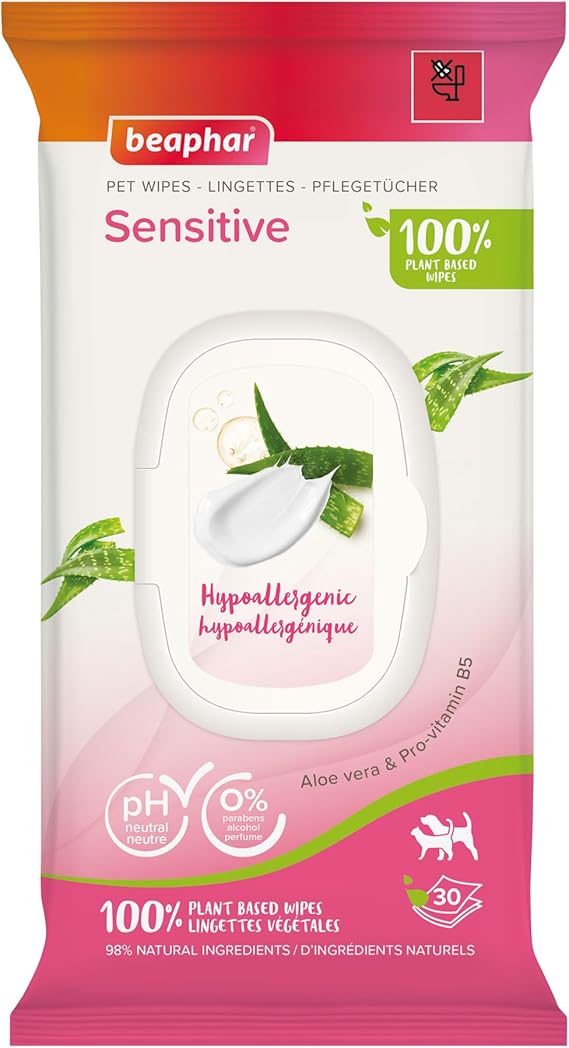 Beaphar - Pet Wipes - Sensitive Grooming Wipes for Cats & Dogs - 100% Plant-Based, Biodegradable Wipes – With Aloe vera –30 Wipes – pH neutral – Hypoallergenic - No perfume, ideal for sensitive skin